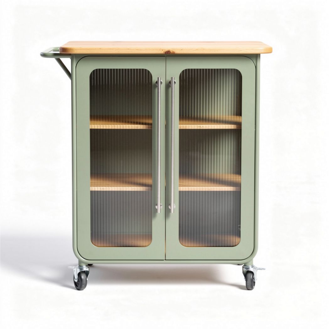 Carrello da cucina in metallo verde con ripiano in legno 80 x 40 x 90cm