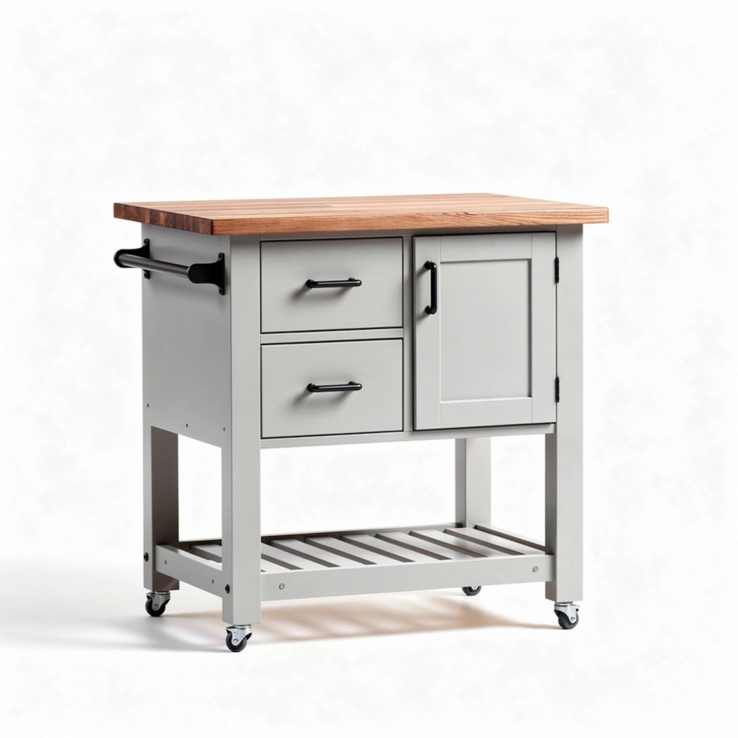 Carrello da cucina mobile con piano in legno e armadietto grigio 75 x 50 x 85cm