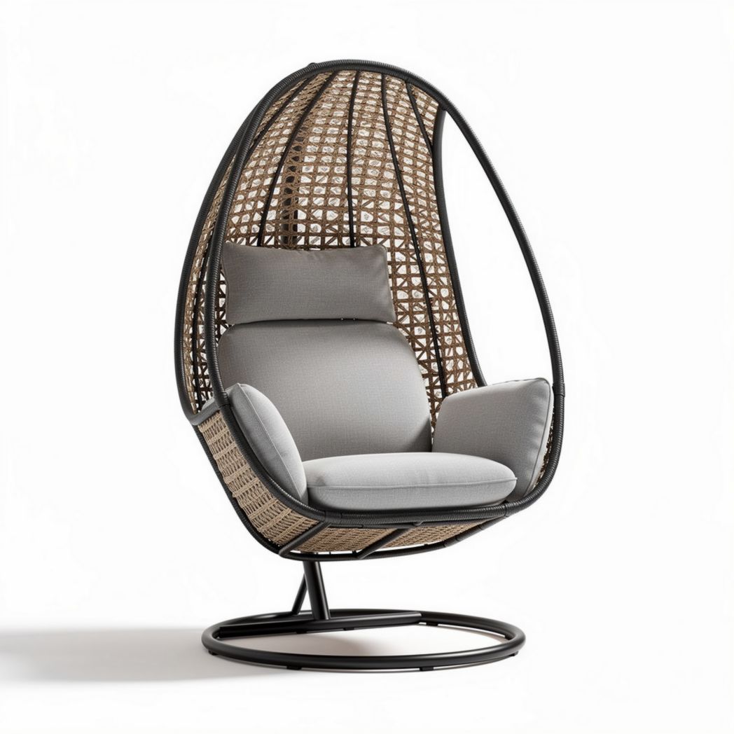 Poltrona sospesa in rattan con base girevole e cuscini grigi 80 x 80 x 120cm