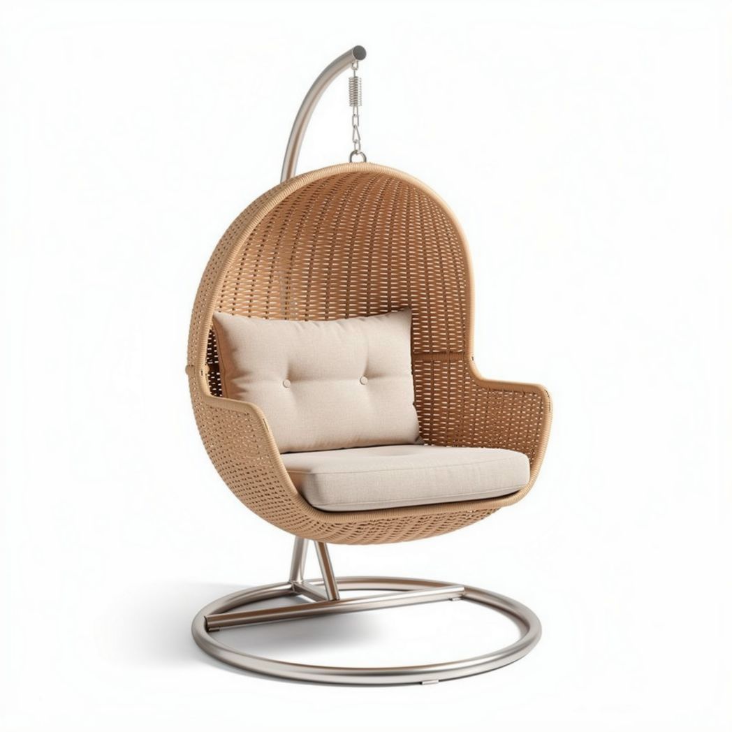 Poltrona sospesa in rattan con cuscino e struttura in acciaio inox 100 x 90 x 100cm